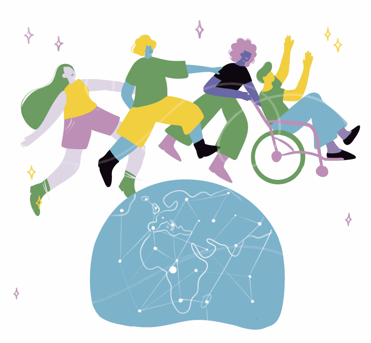 Illustration showing four people over the earth